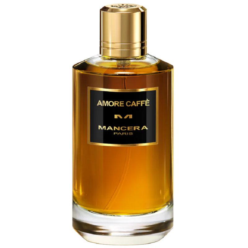A bottle of Amore Caffe Eau de Parfum by Mancera with a clear label, gold-colored liquid, and a black cap.