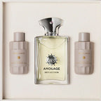 Amouage Reflection perfume set with two smaller bottles on a light background