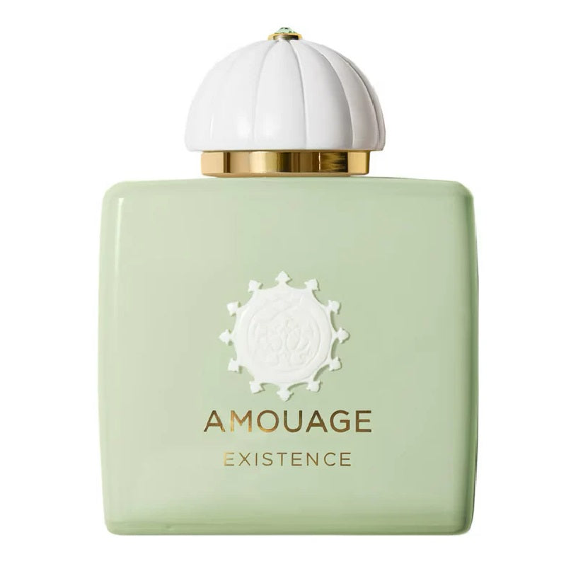Amouage Existence perfume bottle with a white cap on a white background
