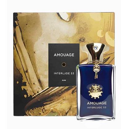 A product image featuring the Interlude 53 Man Eau De Parfum by Amouage in a new packaging, with a blue perfume bottle and gold details.