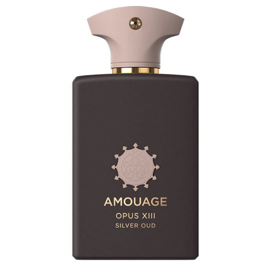 A black bottle of Amouage Opus XIII Silver Oud eau de parfum with a gold cap and label.