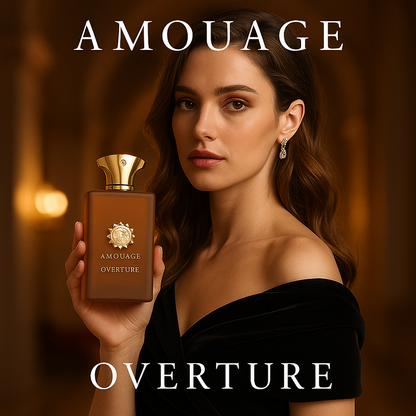 Woman holding an Amouage Overture perfume bottle against a warm background
