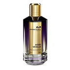 Aoud Vanille Eau de Parfum by Mancera in a clear glass bottle with a gold-colored cap.