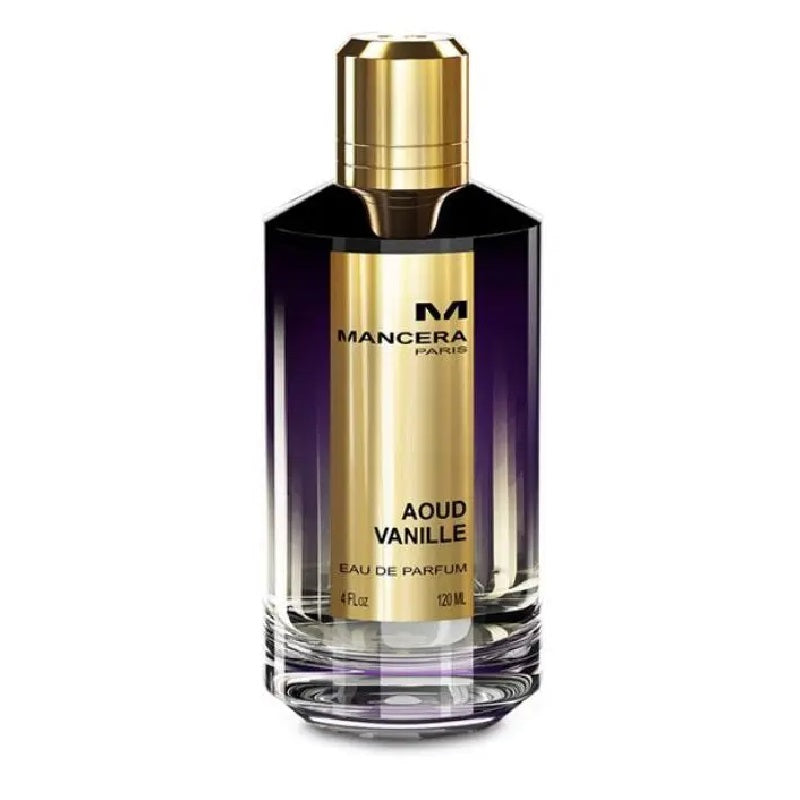 Aoud Vanille Eau de Parfum by Mancera in a clear glass bottle with a gold-colored cap.