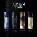Four Armani Code perfume bottles with descriptions on a black background