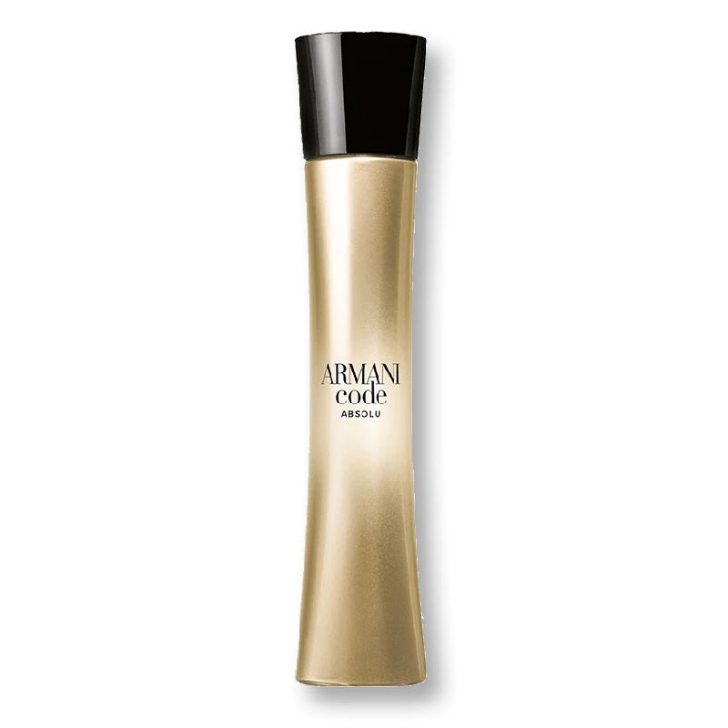 Gold and black Armani Code Absolu perfume bottle on a white background