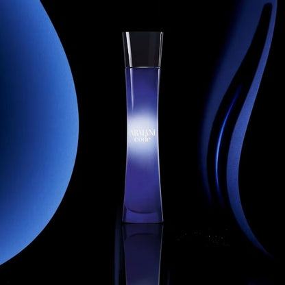 Perfume bottle with blue gradient on a dark background