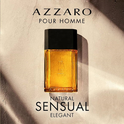 Azzaro Pour Homme perfume bottle on a textured beige background