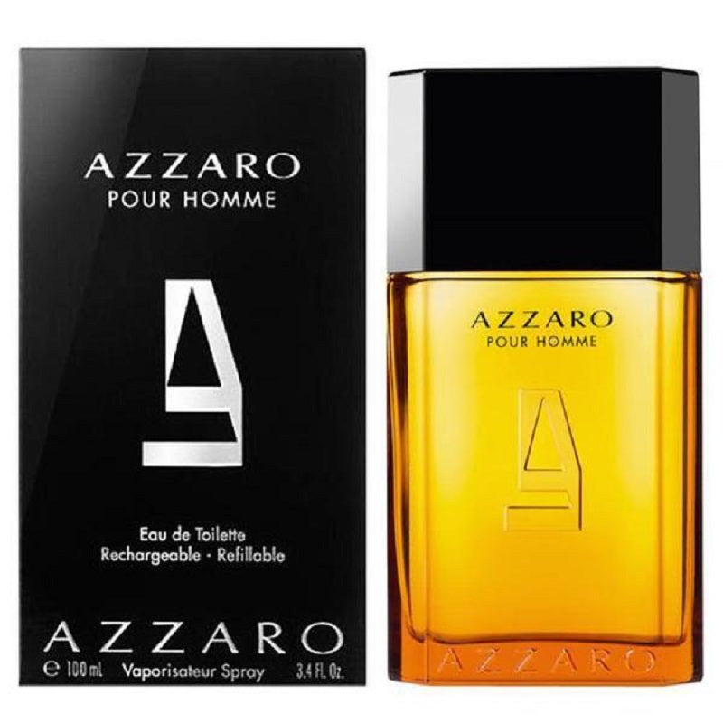Azzaro Pour Homme perfume bottle and packaging on a white background