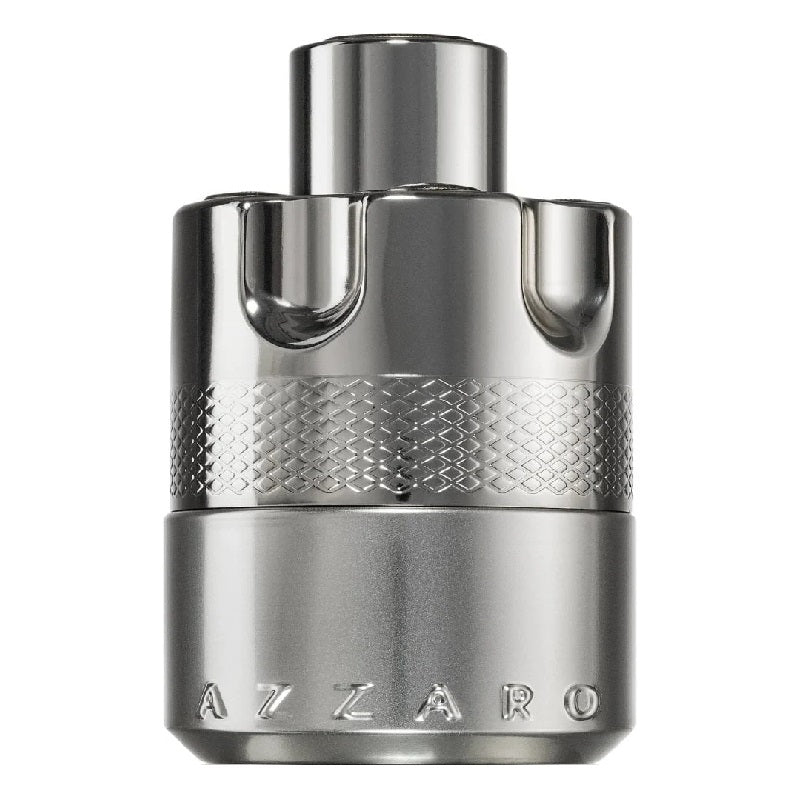 Silver Azzaro perfume bottle on a white background