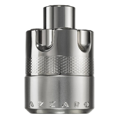 Silver Azzaro perfume bottle on a white background