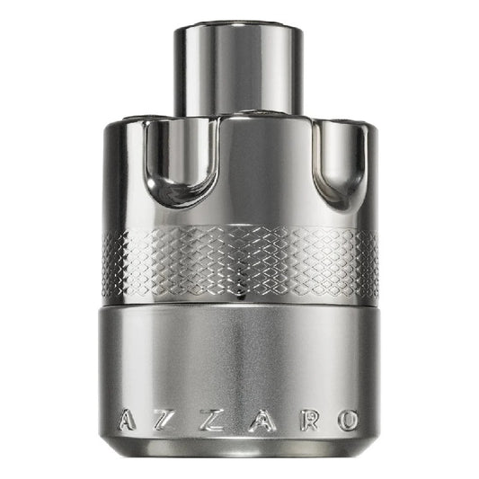 Silver Azzaro perfume bottle on a white background