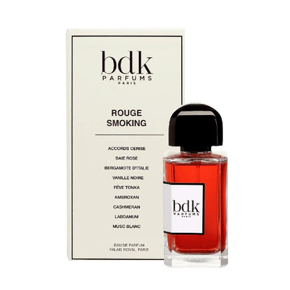 Box and Bottle Image, Rouge Smoking Extrait 100 ml de Parfum by BDK Parfums – luxurious red bottle and minimalist white box reflecting modern glamour and timeless sophistication.