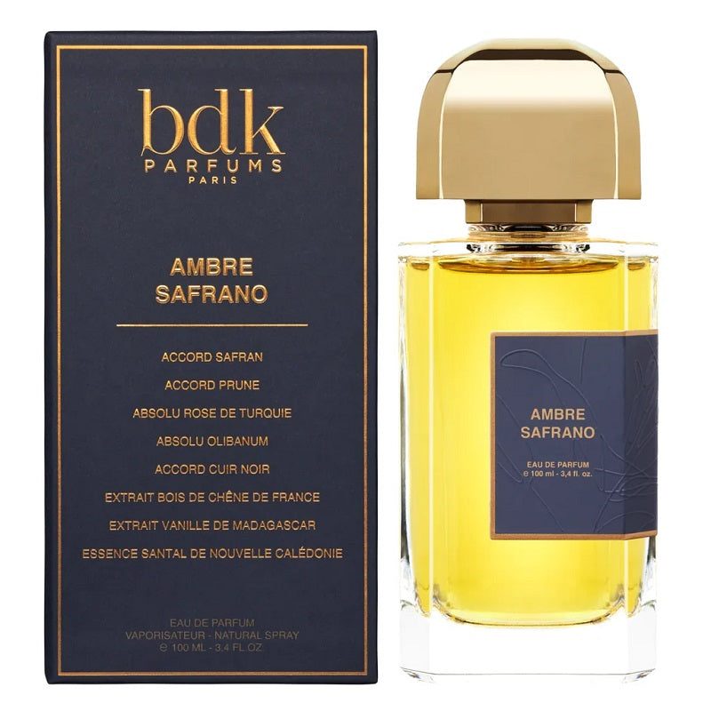 Box and Bottle Image: Ambre Safrano 100 ml Eau de Parfum by BDK Parfums – golden-hued bottle and minimalist white box reflecting modern luxury and Parisian craftsmanship.