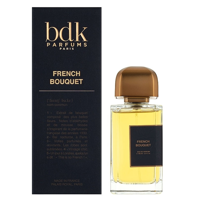 Box and Bottle Image, French Bouquet 100 ml Eau de Parfum by BDK Parfums – minimalist transparent bottle and white box reflecting classic elegance and Parisian sophistication.