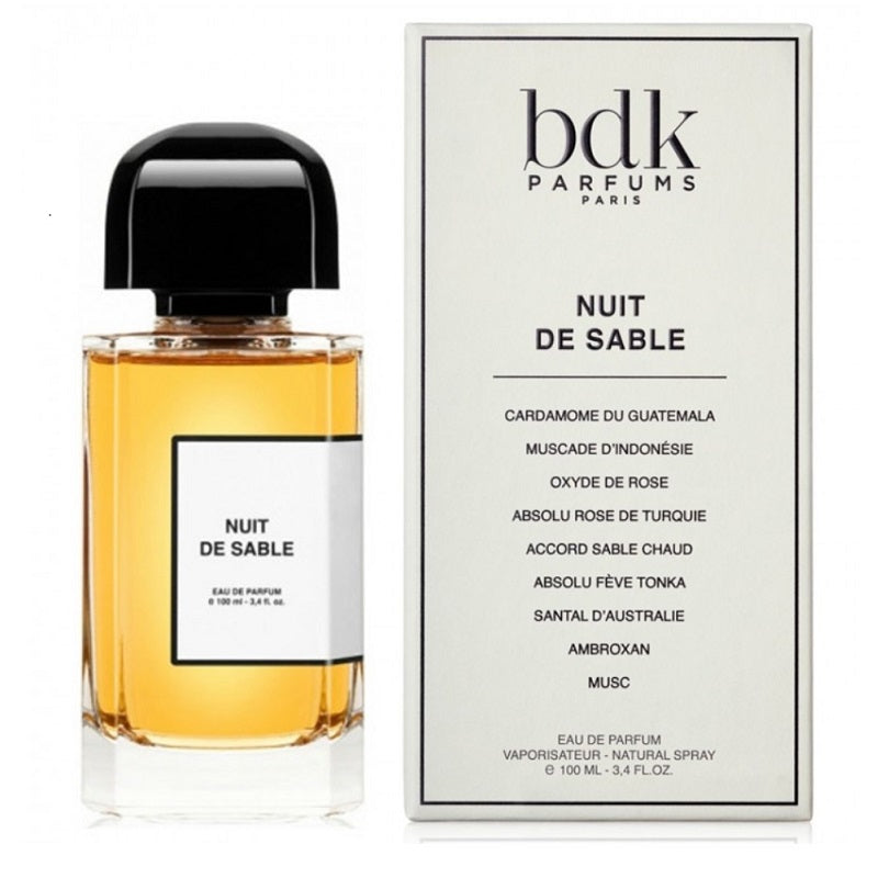 Box and Bottle Image, Nuit De Sable 100 ml Eau de Parfum by BDK Parfums – elegant neutral-toned bottle and minimalist white box symbolising refinement and calm sophistication