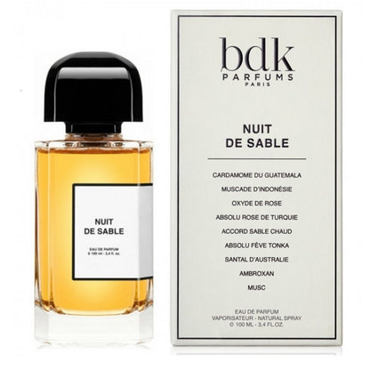 Box and Bottle Image, Nuit De Sable 100 ml Eau de Parfum by BDK Parfums – elegant neutral-toned bottle and minimalist white box symbolising refinement and calm sophistication