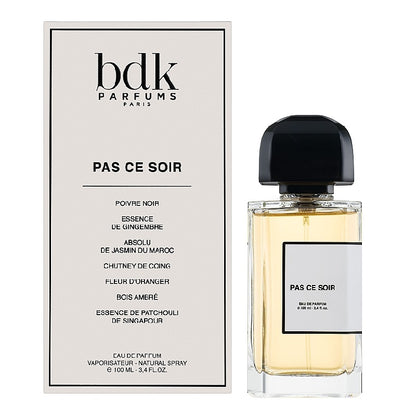 The image shows a perfume bottle and packaging with the brand BDK Parfums and the packaging has the product name 'PAS CE SOIR'