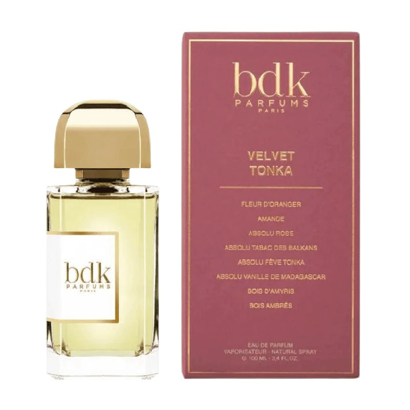 Box and Bottle Image, Velvet Tonka 100 ml Eau de Parfum by BDK Parfums – refined amber bottle and minimalist white box symbolising Parisian craftsmanship and creamy sophistication.