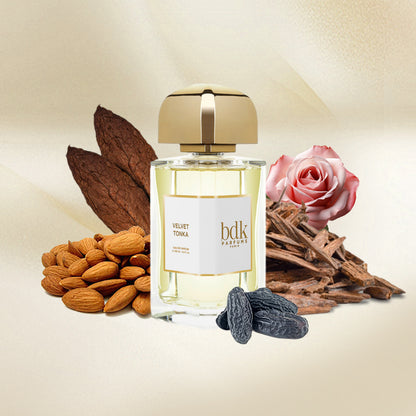 Lifestyle Image, Velvet Tonka 100 ml Eau de Parfum by BDK Parfums – styled in a cozy, luxurious setting evoking warmth, sweetness, and timeless comfort.