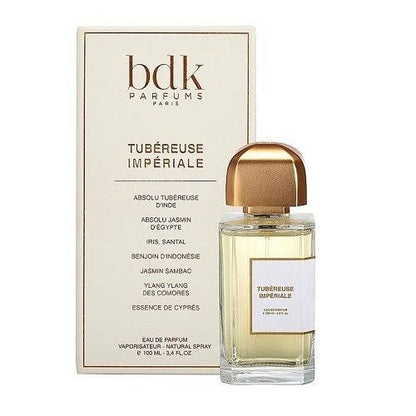 Box and Bottle Image, Tubéreuse Impériale 100 ml Eau de Parfum by BDK Parfums – sophisticated gold-accented bottle and minimalist white box reflecting elegance and Parisian craftsmanship.