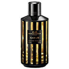 A bottle of Black Line Eau de Parfum by Mancera with a striped black and gold design