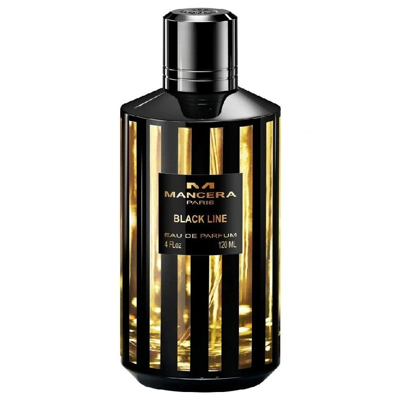 A bottle of Black Line Eau de Parfum by Mancera with a striped black and gold design