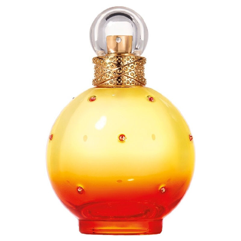 Perfume bottle with gradient yellow to red design on a white background
