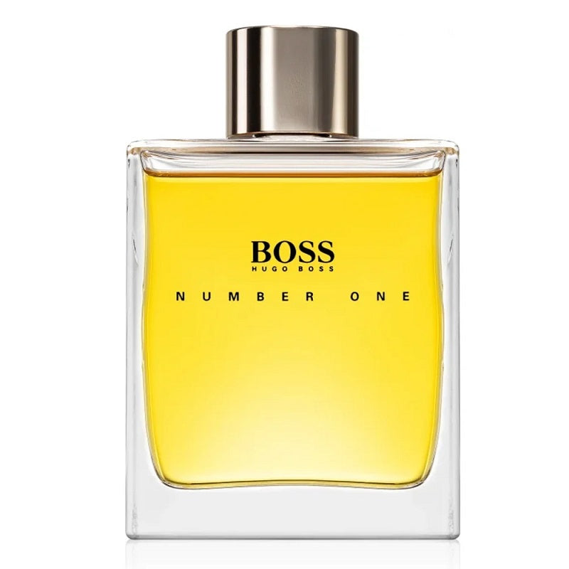 Hugo Boss Number One perfume bottle with yellow liquid on a white background