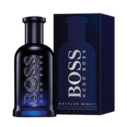 Hugo Boss Bottled Night perfume bottle and packaging on a white background