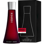 Hugo Boss Deep Red perfume bottle and packaging on a white background