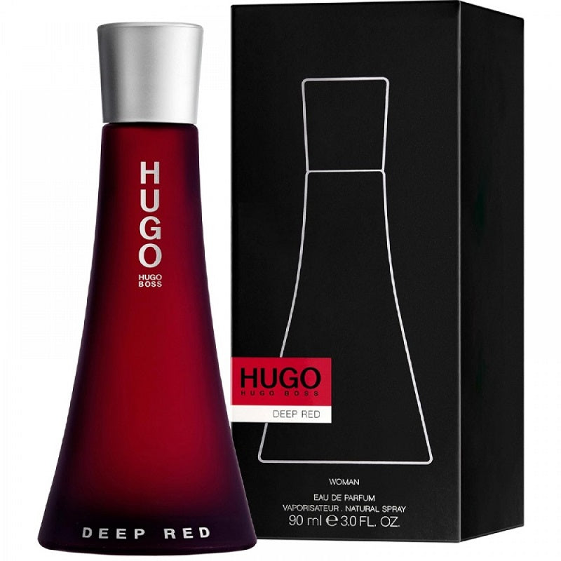 Hugo Boss Deep Red perfume bottle and packaging on a white background