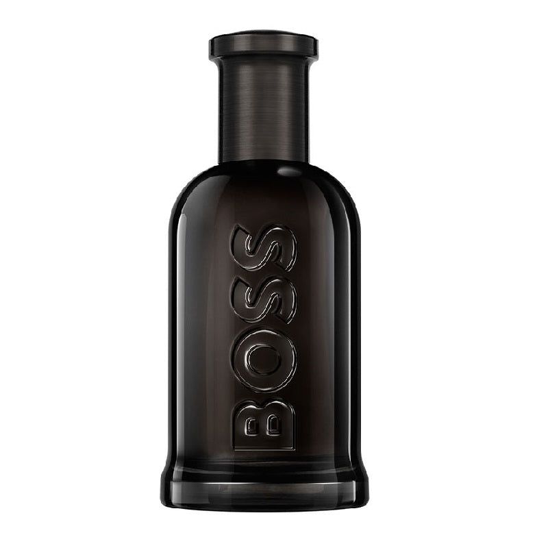 A black bottle of Boss Bottled Parfum by Hugo Boss with embossed branding on the front.