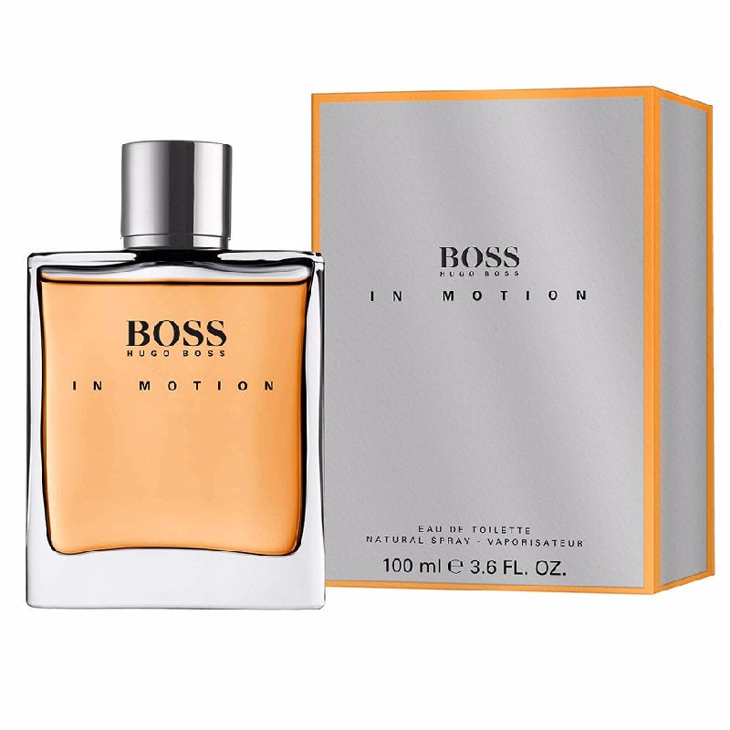 Hugo Boss In Motion perfume bottle and packaging on a white background