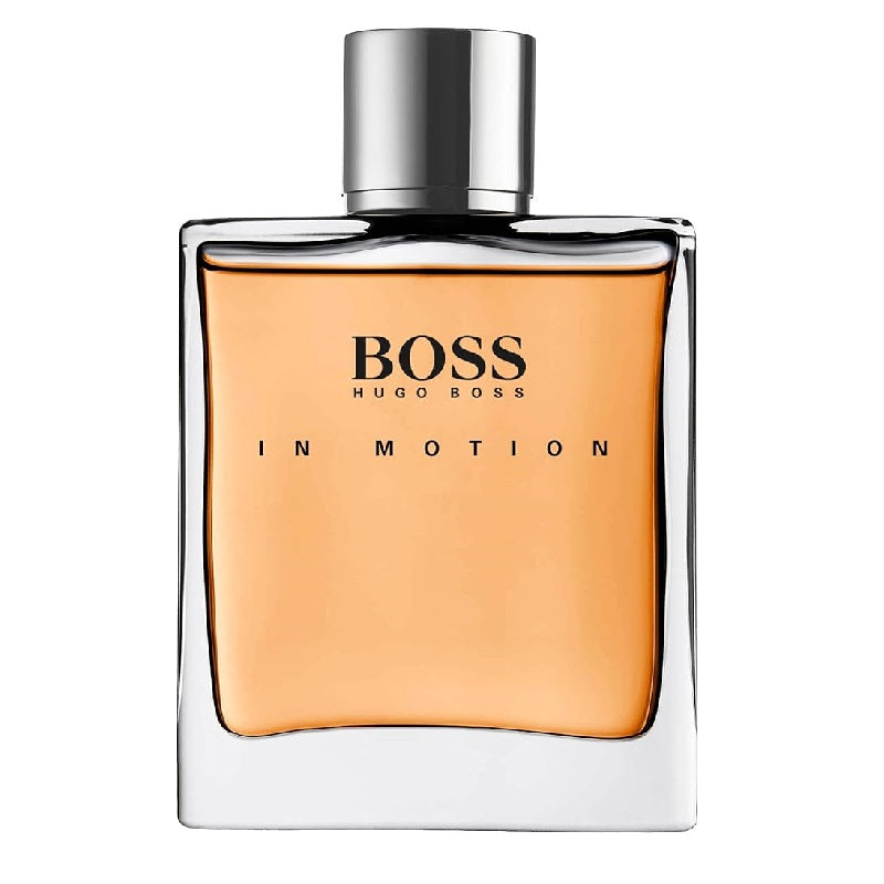 A bottle of Boss In Motion Eau de Toilette by Hugo Boss, with a clear, orange-colored liquid visible inside the transparent bottle and the brand and product name displayed on the label.