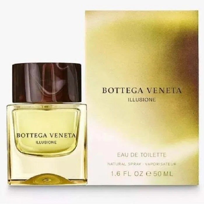 Bottega Veneta Illusione perfume bottle and packaging on a white background
