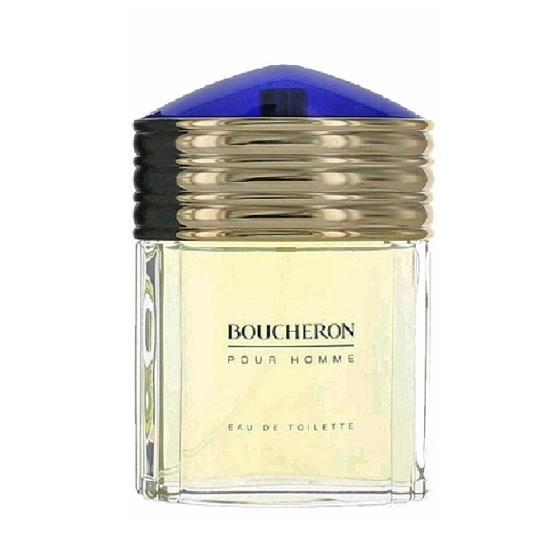 Boucheron Pour Homme Eau de Toilette bottle with a clear yellowish liquid and a blue cap