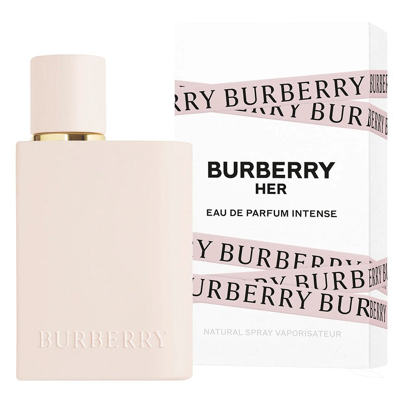 Burberry Her Eau de Parfum Intense bottle and packaging on a white background