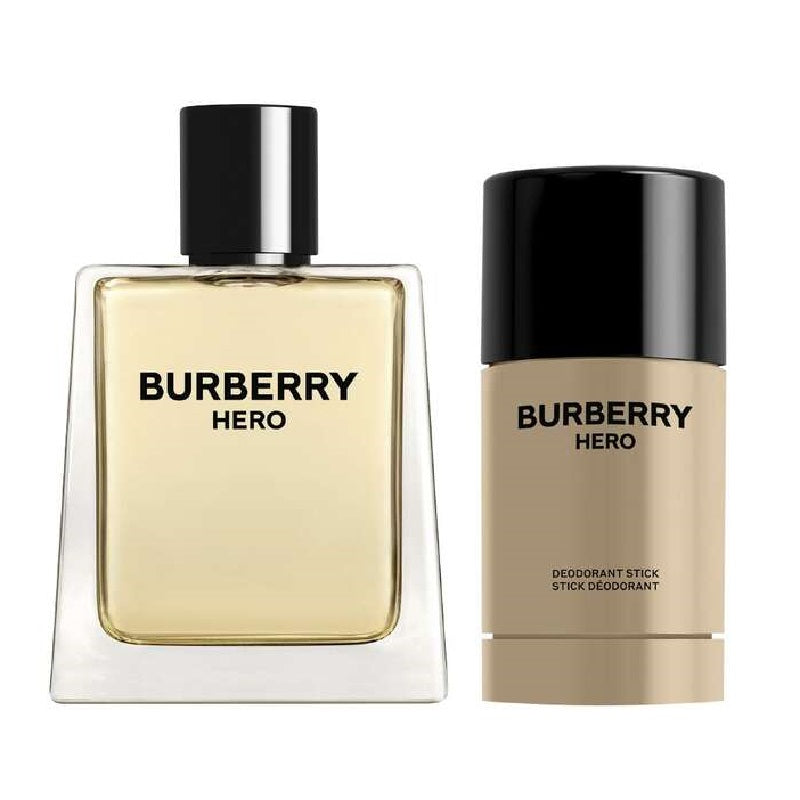 Burberry Hero perfume bottle and deodorant stick on a white background