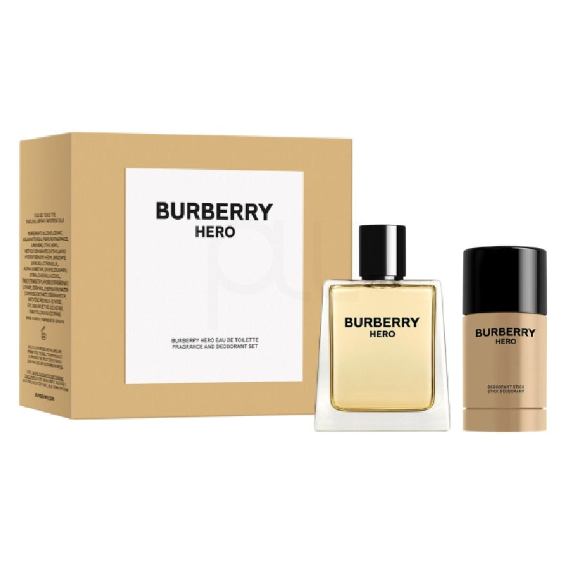 Burberry Hero fragrance set with a bottle and box on a white background