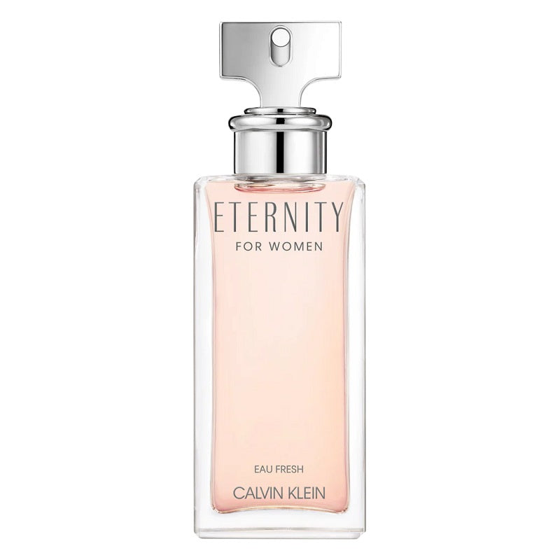 A bottle of Eternity Eau Fresh by Calvin Klein for women, containing 100ml of eau de parfum. The bottle is clear with a silver cap and has the brand and product name printed on it.