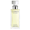 A bottle of Eternity Women Eau de Parfum by Calvin Klein with a clear, yellowish liquid visible and the label 'ETERNITY FOR WOMEN EAU DE PARFUM CALVIN KLEIN' on the front.