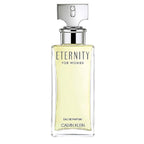 A bottle of Eternity Women Eau de Parfum by Calvin Klein with a clear, yellowish liquid visible and the label 'ETERNITY FOR WOMEN EAU DE PARFUM CALVIN KLEIN' on the front.