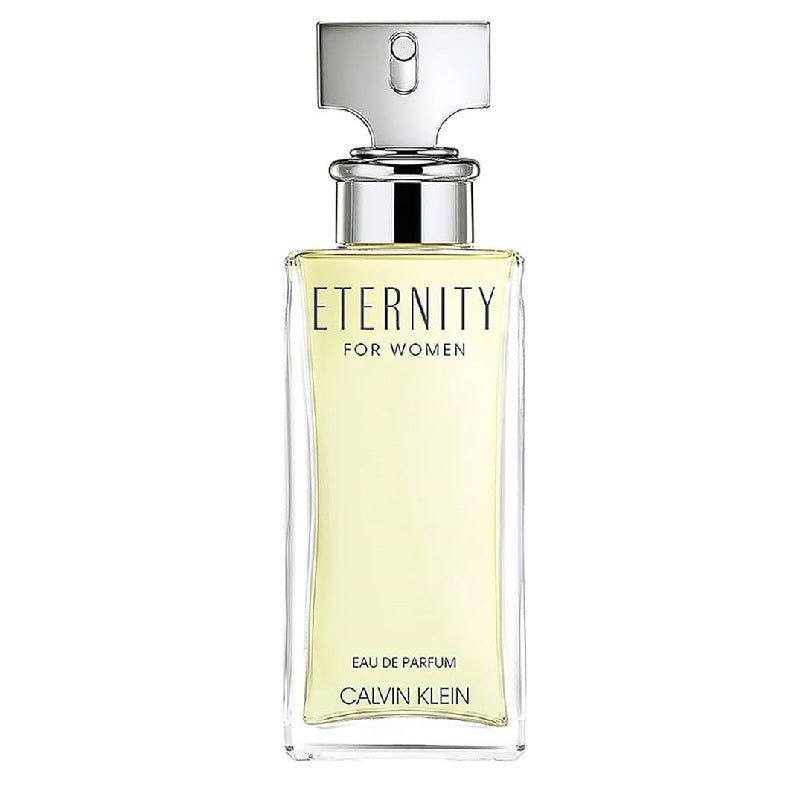 A bottle of Eternity Women Eau de Parfum by Calvin Klein with a clear, yellowish liquid visible and the label 'ETERNITY FOR WOMEN EAU DE PARFUM CALVIN KLEIN' on the front.
