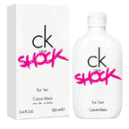 A product image featuring Calvin Klein's CK One Shock for Women perfume. The image shows a white bottle with the pink 'ck' logo, alongside the packaging box with the same design.