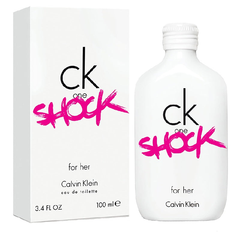 A product image featuring Calvin Klein's CK One Shock for Women perfume. The image shows a white bottle with the pink 'ck' logo, alongside the packaging box with the same design.
