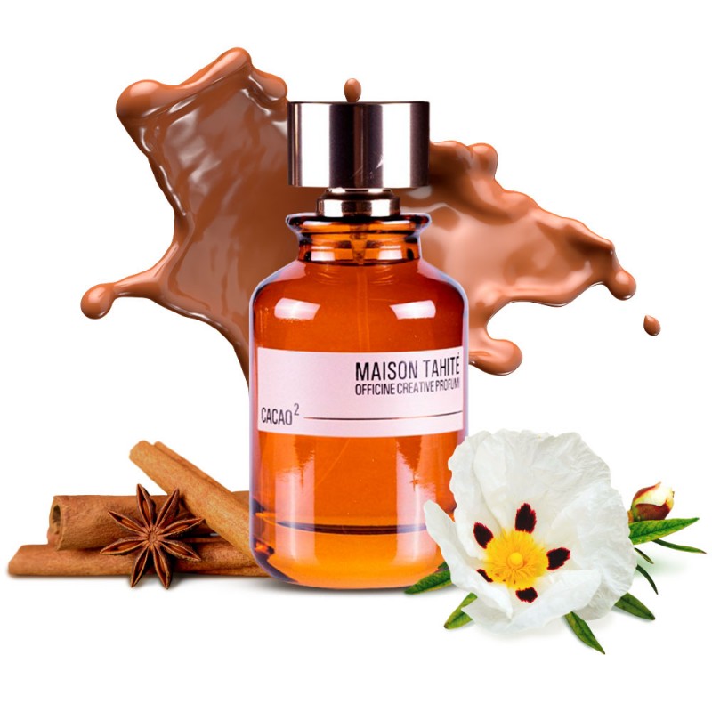 Perfume bottle with 'Maison Tahiti' label, surrounded by chocolate, cinnamon, and a flower on a white background