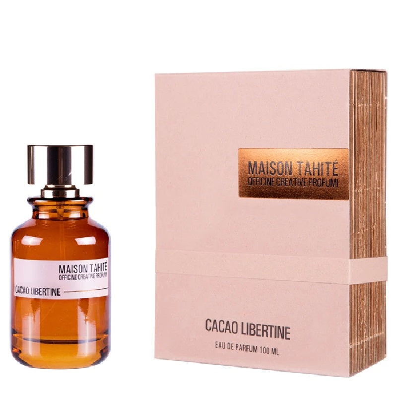 Maison Tahité Cacao Libertine perfume bottle and packaging on a white background