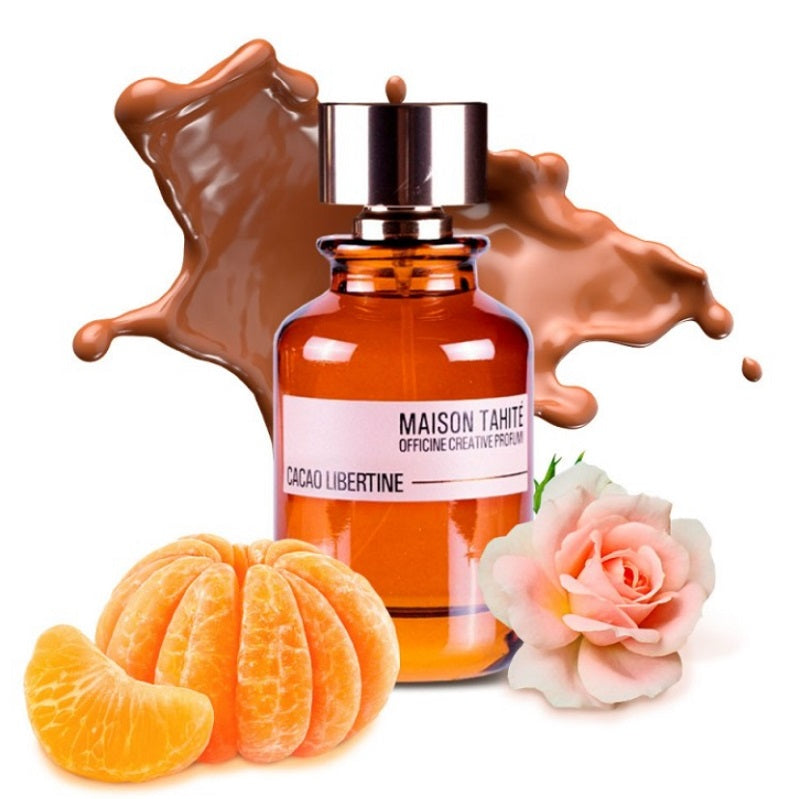 Perfume bottle labeled 'MAISON TAHITI' with chocolate, oranges, and a flower on a white background