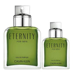 Two bottles of Calvin Klein Eternity for Men Eau de Parfum on a white background